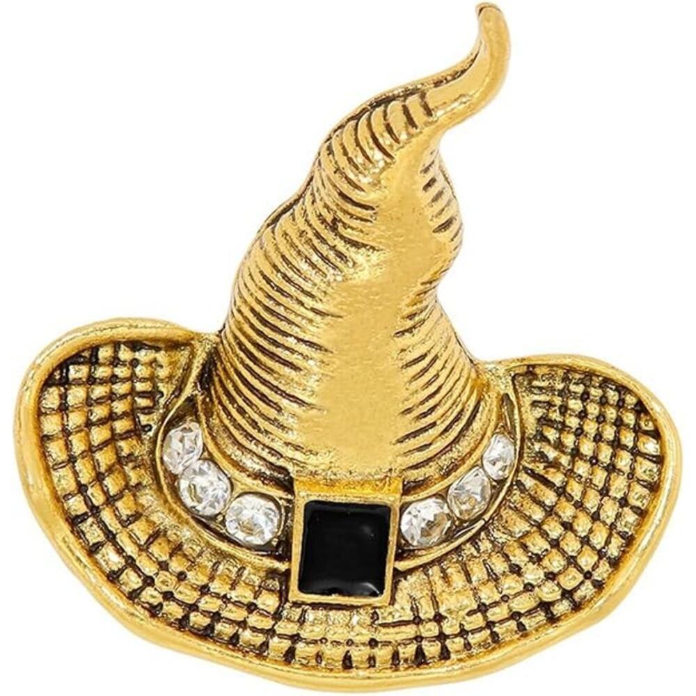 Halloween Witch Hat Brooch Pin for Women Crystal Pumpkin Black Cat Wing Brooches